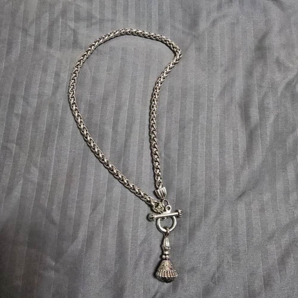 Wheat Chain Silver Tone Toggle Clasp‎ Necklace Unmarked Black Diamond Fashion